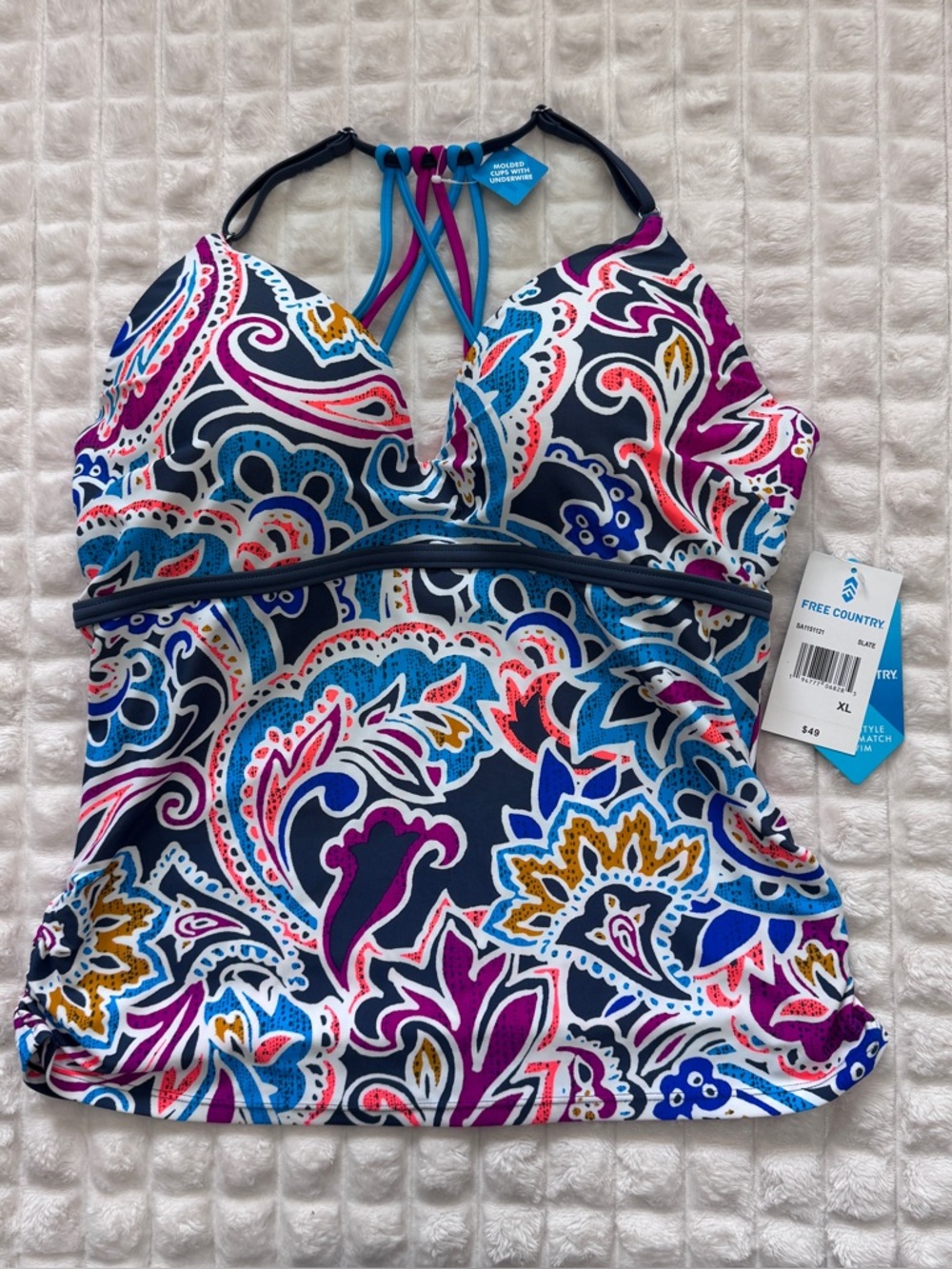 NEW Free Country XL Multicolor Paisley Tankini Top ~ Swim UPF Modest Colorful
